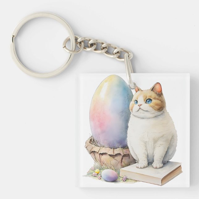Cute Cat Easter Egg Happy Easter Day, Easter Cat Keychain (Front)