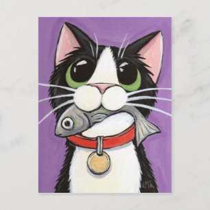 Cute Cat Eating A Fish Postcard