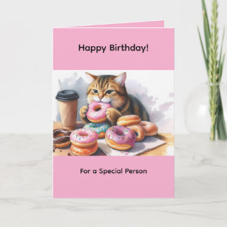 Cute Cat Eating Doughnuts Birthday Greeting Card P
