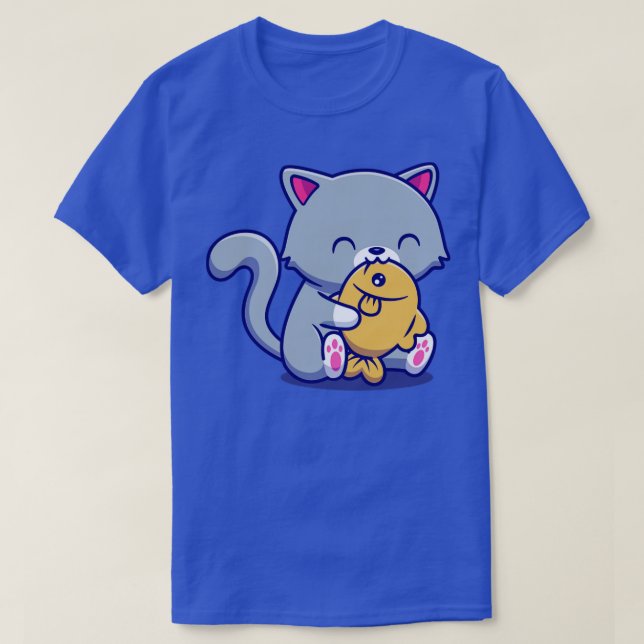 Cute Cat Eating Fish T-Shirt (Design Front)