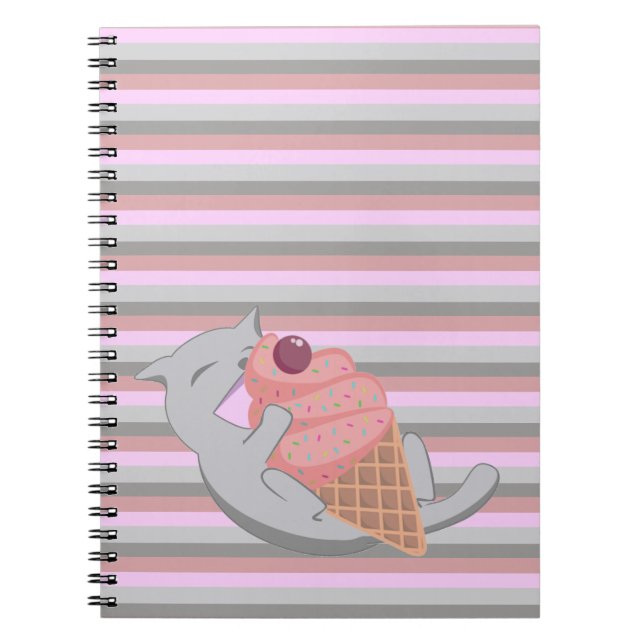 Cute Cat Eating Ice Cream Striped Notebook (Front)