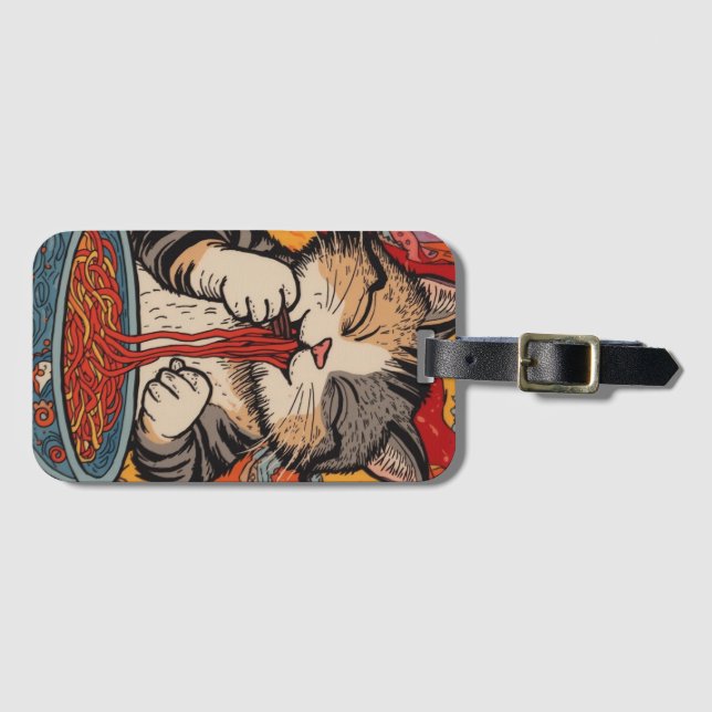 Cute Cat Eating Noodles Luggage Tag (Front Horizontal)