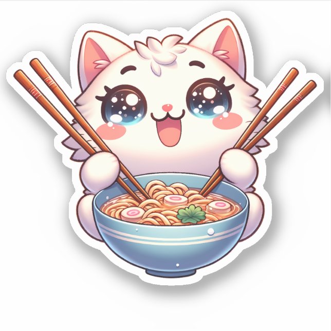 Cute Cat Eating Ramen Custom-Cut Vinyl Stickers (Front)