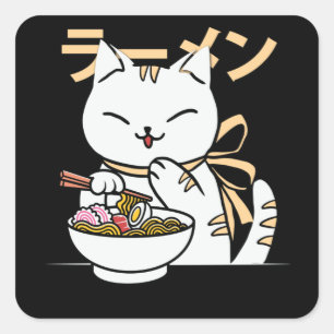 Cute Cat Eating Ramen Gift for Cat & Ramen Lover Square Sticker