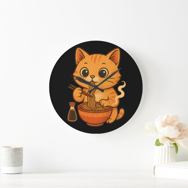Cute Cat Eating Ramen Large Clock (Home)