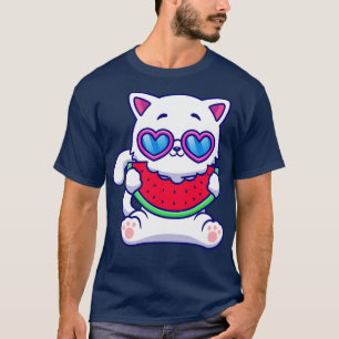 Cute Cat Eating Watermelon Fruit Cartoon T-Shirt