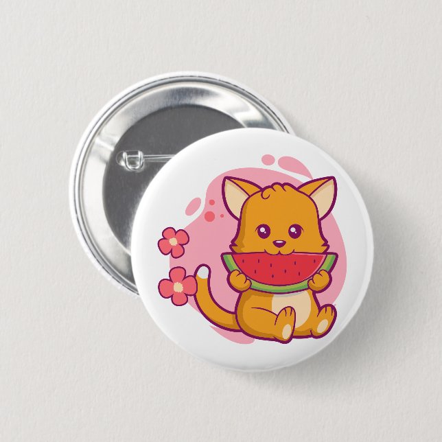 Cute Cat Eating Watermelon | Kawaii 2 Inch Round Button (Front & Back)