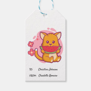 Cute Cat Eating Watermelon   Kawaii Gift Tags