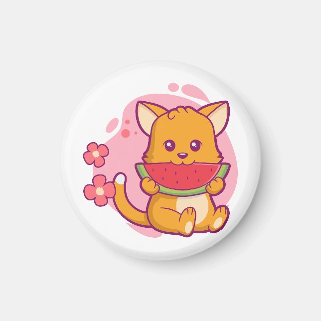 Cute Cat Eating Watermelon | Kawaii Magnet (Front)