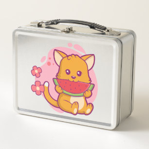 Cute Cat Eating Watermelon Kawaii Metal Lunch Box