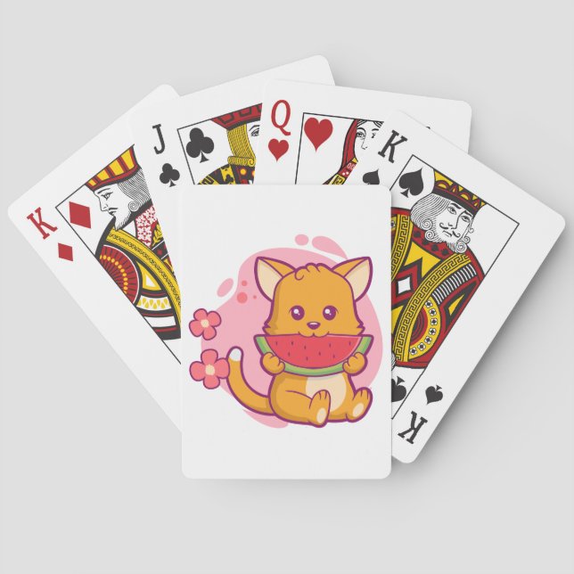 Cute Cat Eating Watermelon | Kawaii Playing Cards (Back)