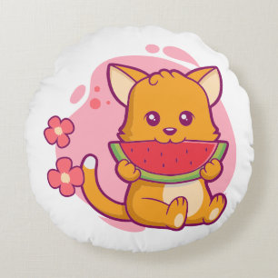 Cute Cat Eating Watermelon Kawaii Round Pillow