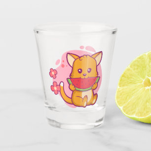 Cute Cat Eating Watermelon   Kawaii Shot Glass
