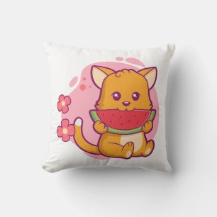 Cute Cat Eating Watermelon   Kawaii Throw Pillow