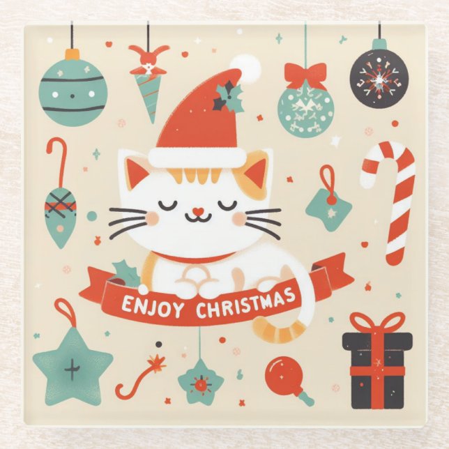 Cute Cat Enjoy Christmas season  Glass Coaster (Front)
