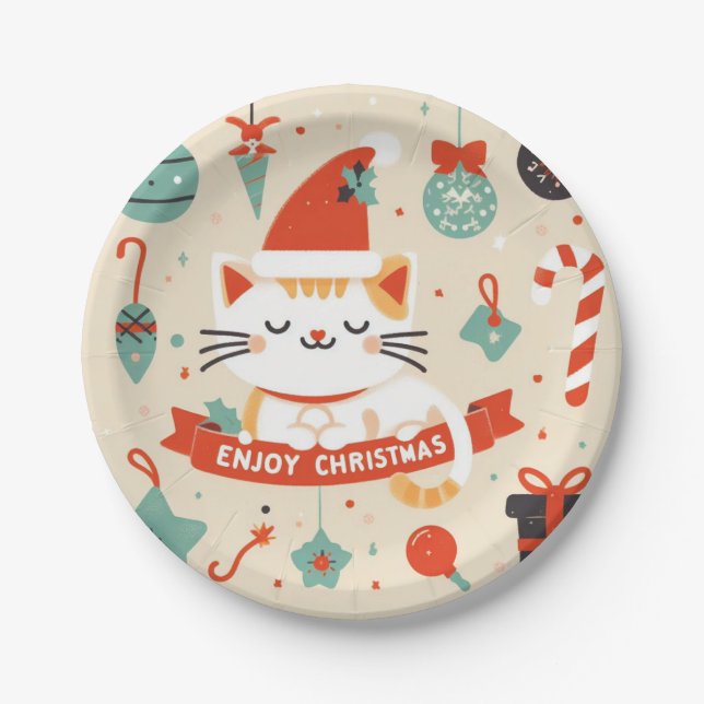 Cute Cat Enjoy Christmas season  Paper Plate (Front)