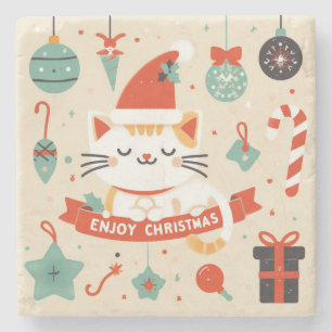 Cute Cat Enjoy Christmas season Stone Coaster