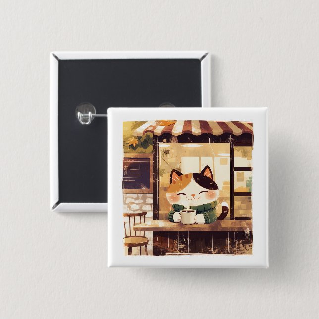 Cute Cat Enjoying Coffee at Cozy Cafe 2 Inch Square Button (Front & Back)