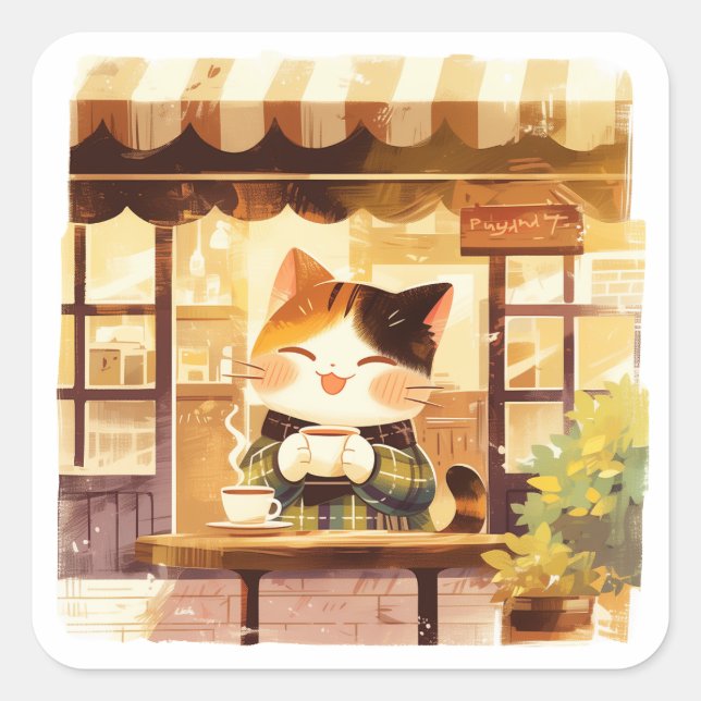 Cute Cat Enjoying Coffee at Cozy Cafe Square Sticker (Front)