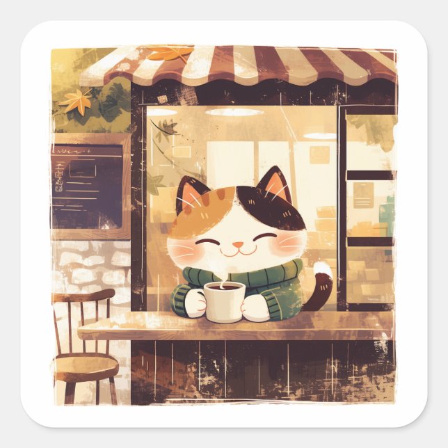 Cute Cat Enjoying Coffee at Cozy Cafe Square Sticker (Front)