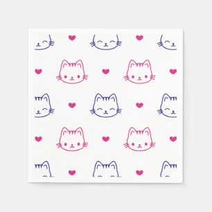 Cute Cat Face and Hearts Pattern Drawing Cocktail Napkin