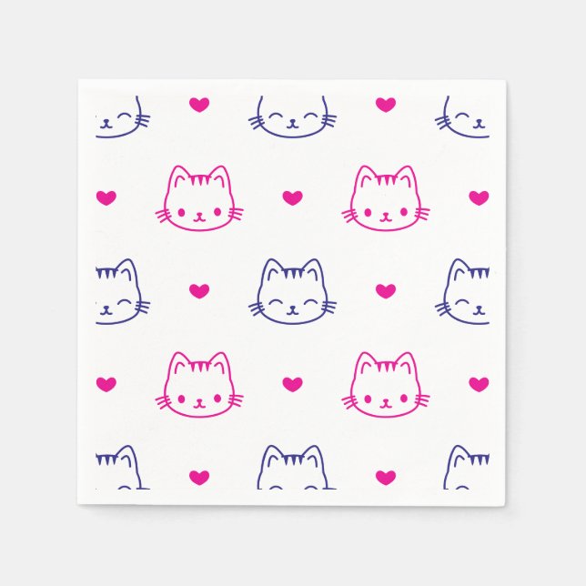 Cute Cat Face and Hearts Pattern Drawing Cocktail Napkin (Front)