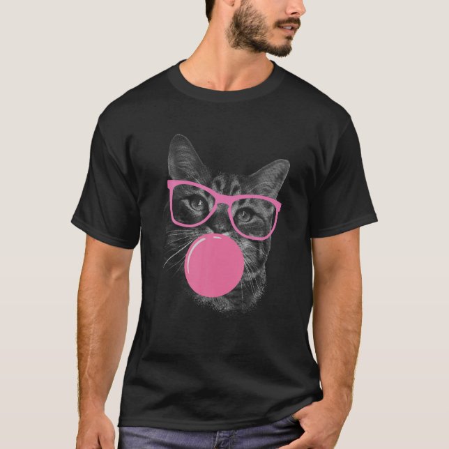 Cute Cat Face Eating Gum And Makes A Bubble Funny  T-Shirt (Front)