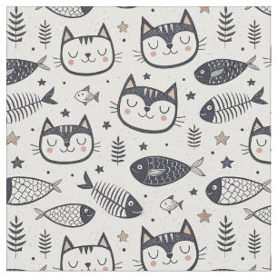Cute Cat Face & Fish Bones Pattern - Kids Design Fabric