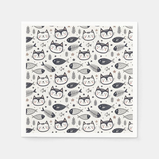 Cute Cat Face & Fish Bones Pattern - Kids Design Napkin (Front)