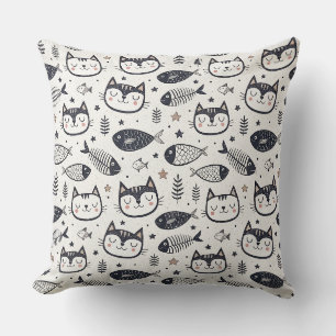 Cute Cat Face & Fish Bones Pattern - Kids Design Throw Pillow
