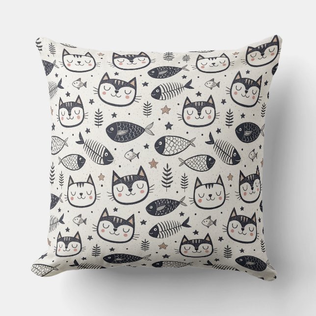 Cute Cat Face & Fish Bones Pattern - Kids Design Throw Pillow (Front)