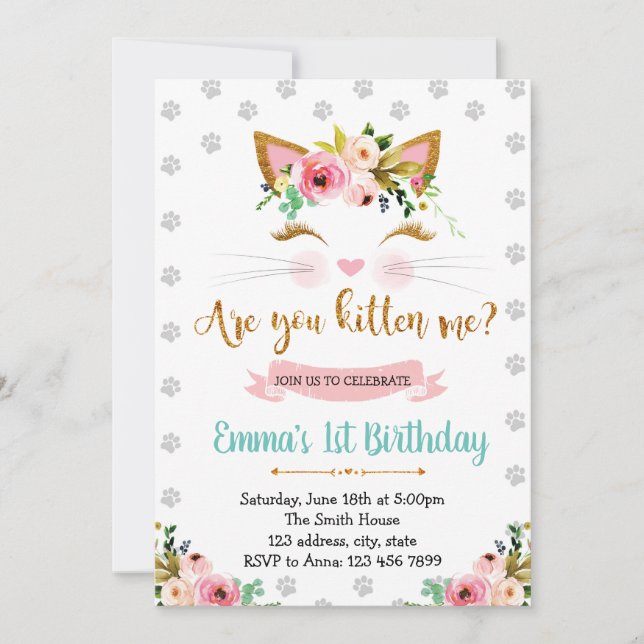 Cute cat face party birthday invitation (Front)
