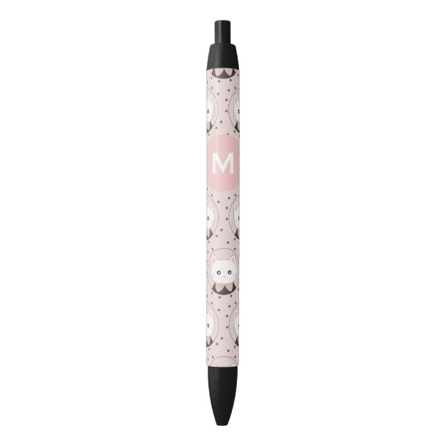 Cute Cat Face Pink Dotty Pattern Monogram Black Ink Pen (Front Vertical)