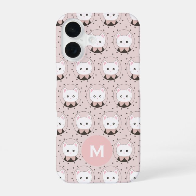 Cute Cat Face Pink Dotty Pattern Monogram iPhone 16 Case (Back)