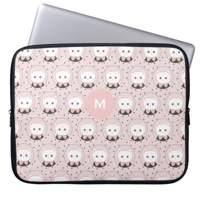 Cute Cat Face Pink Dotty Pattern Monogram Laptop Sleeve (Front)