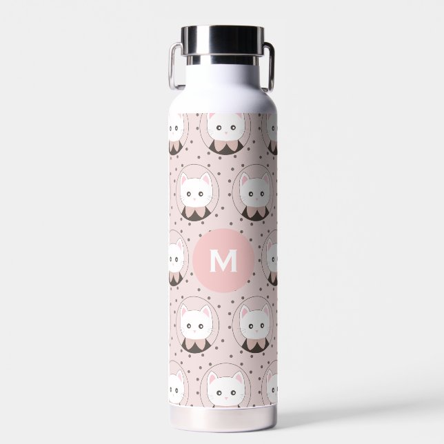 Cute Cat Face Pink Dotty Pattern Monogram Water Bottle (Front)