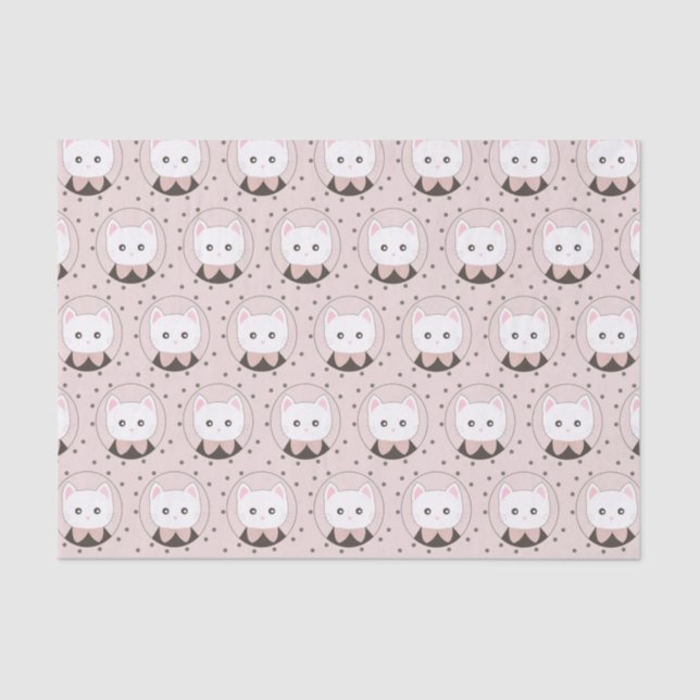 Cute Cat Face Pink Dotty Pattern Tissue Paper (Front)