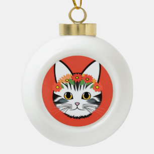 Cute Cat Face Vibrant Illustration Ceramic Ball Christmas Ornament