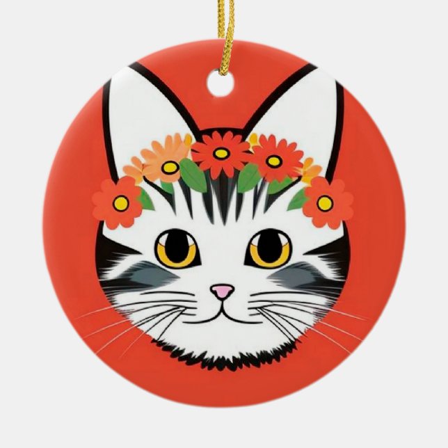 Cute Cat Face Vibrant Illustration Ceramic Ornament (Front)