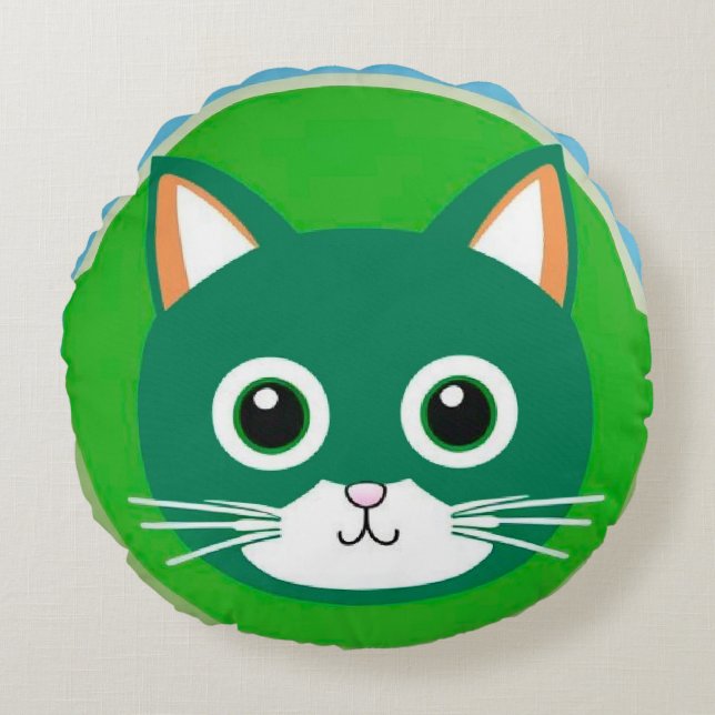 Cute Cat Face Vibrant Illustration Round Pillow (Front)