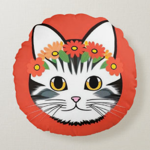 Cute Cat Face Vibrant Illustration Round Pillow