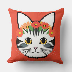Cute Cat Face Vibrant Illustration Throw Pillow