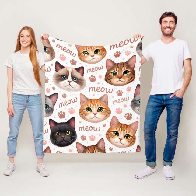 Cute cat faces and meow tech pattern soft fleece b blanket (In Situ)
