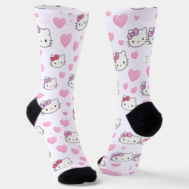 Cute Cat Faces & Hearts Pattern Kawaii Style Socks (Angled)