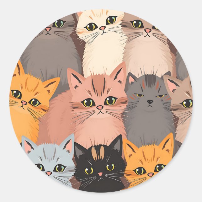 Cute Cat Faces Illustrated Pattern Classic Round Sticker (Front)