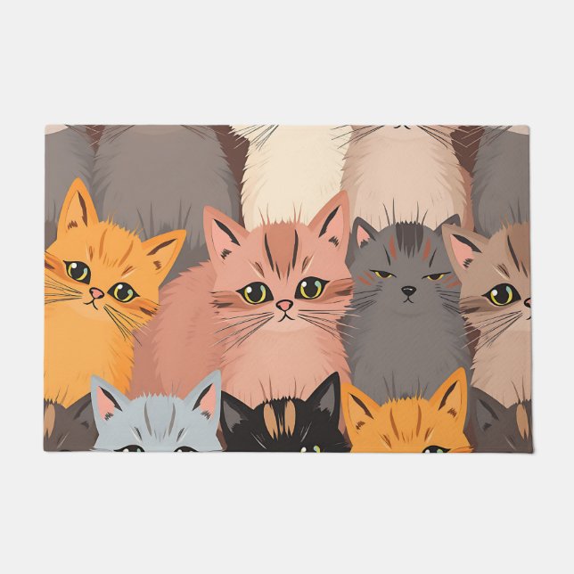 Cute Cat Faces Illustrated Pattern Doormat (Front)