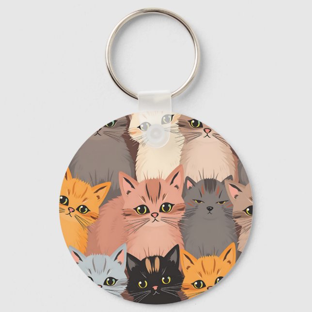Cute Cat Faces Illustrated Pattern Keychain (Front)