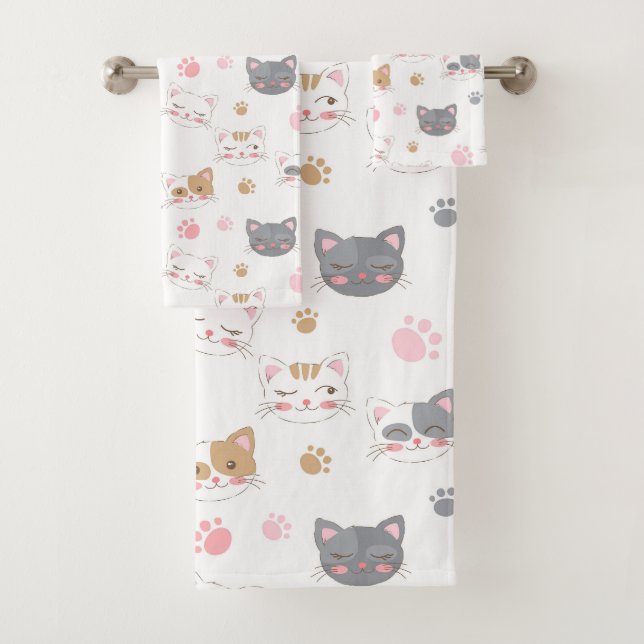  Cute cat faces smiling cats pattern Bath Towel Set (Insitu)