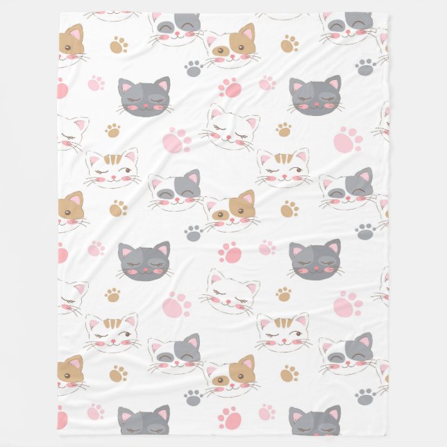 Cute cat faces smiling cats pattern fleece blanket (Front)