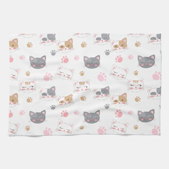 Cute cat faces smiling cats pattern kitchen towel (Horizontal)